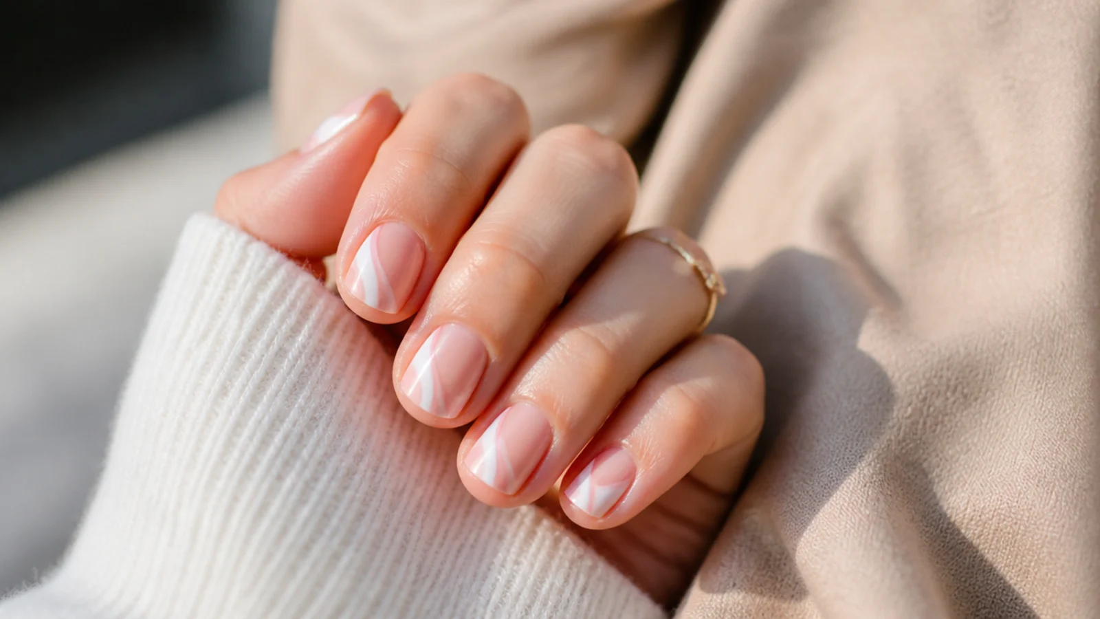 Short nails with a curved swirl French tip sweeping from the sidewall across the nail