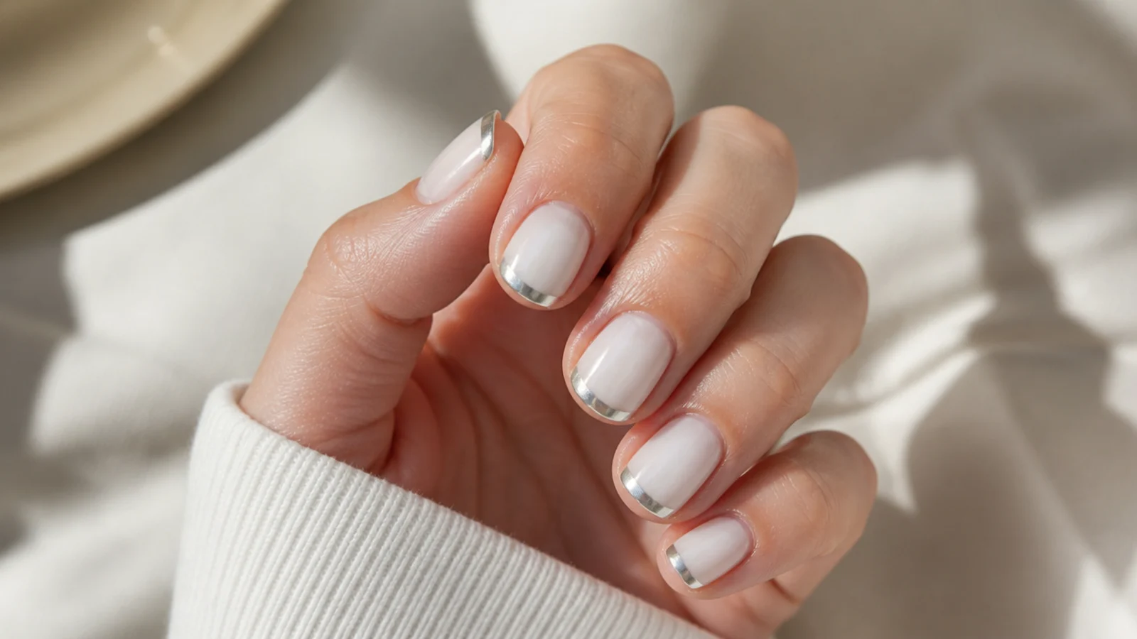 Short nails with a silver chrome mirror French tip on a milky white base