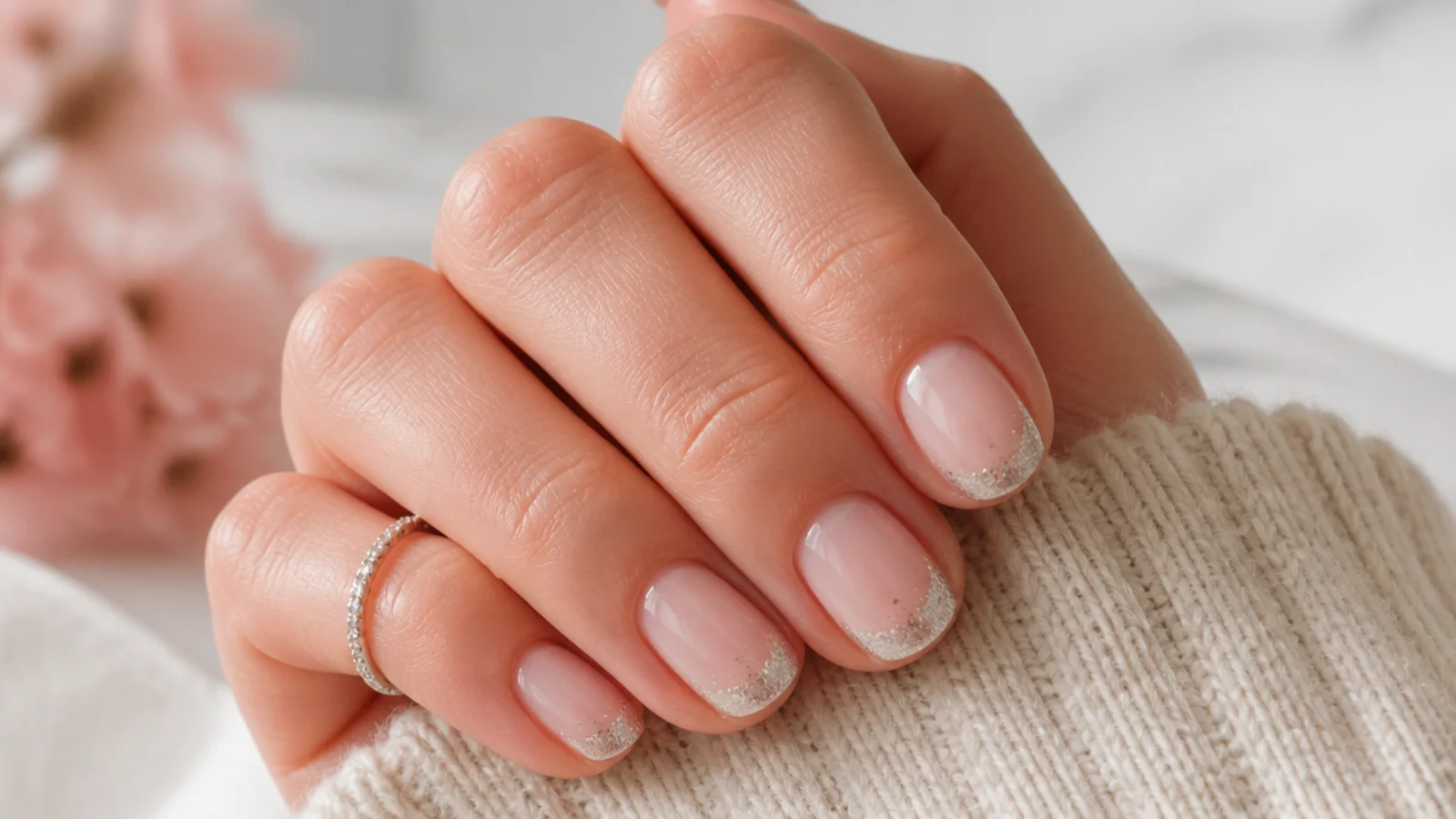 Short nails with a fine silver glitter French tip fading softly into a sheer nude base