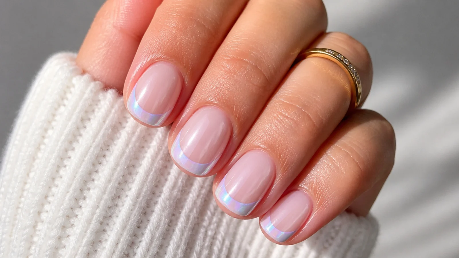 Short nails with an iridescent pearl glazed French tip shifting pink and blue over a milky base