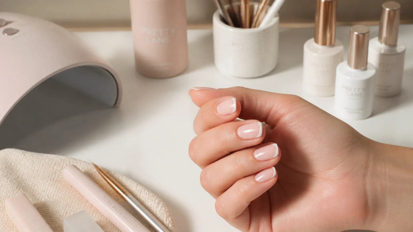 Nail salon station with a thin liner brush, gel bottles and lamp set up for short French tips