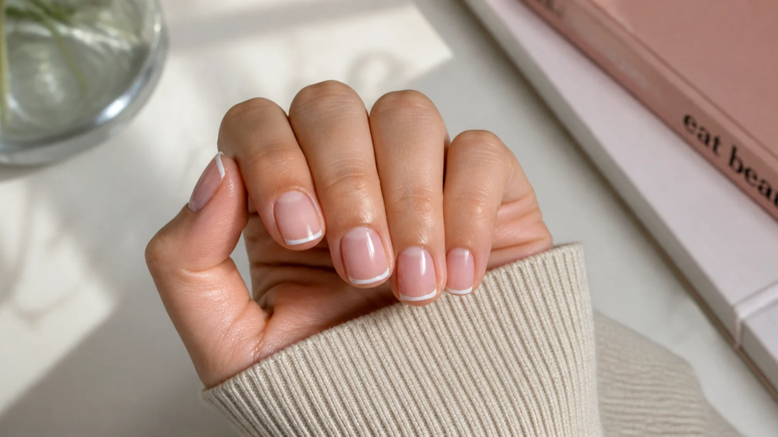 Short square French tip nails with a hairline white tip on a sheer pink base