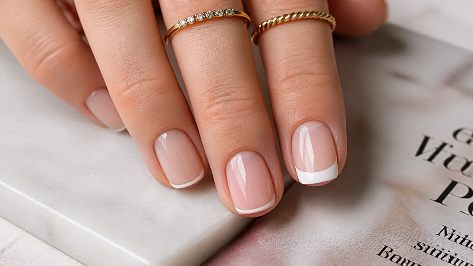 Two short nails compared, one with a thin low-contrast French tip and one with a thick white tip