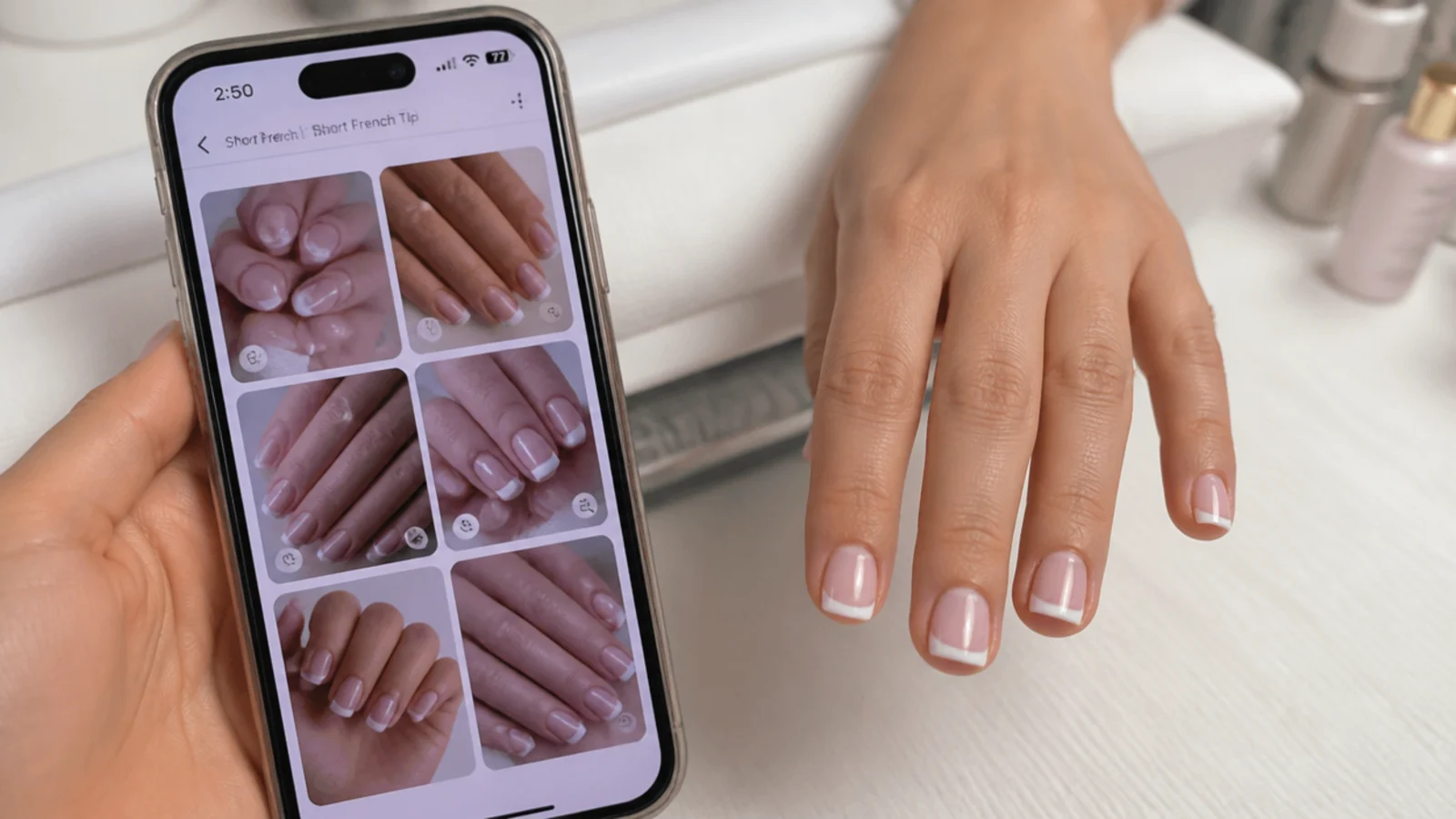 Phone showing short French tip reference photos held beside short square nails at a salon table