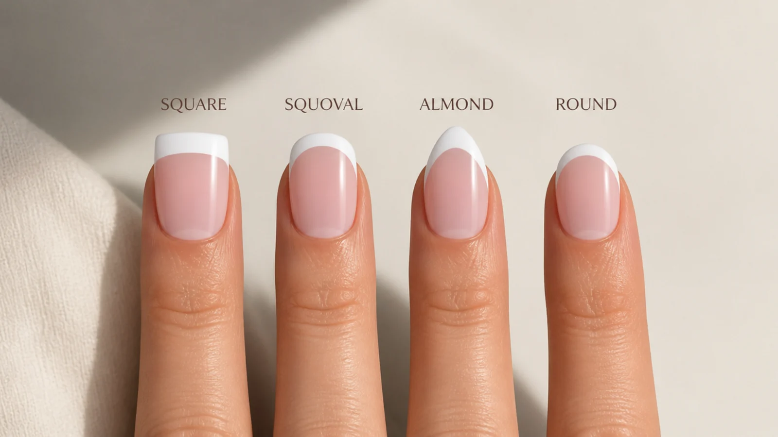 Four short nail shapes compared side by side: square, squoval, almond and round with French tips
