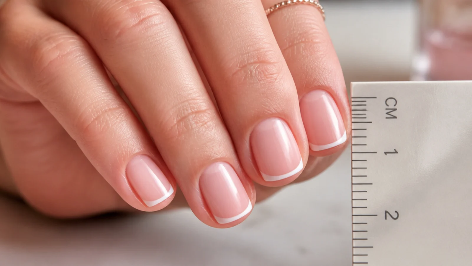 Short nail measured against a ruler showing a 1 to 2mm French tip depth on the free edge