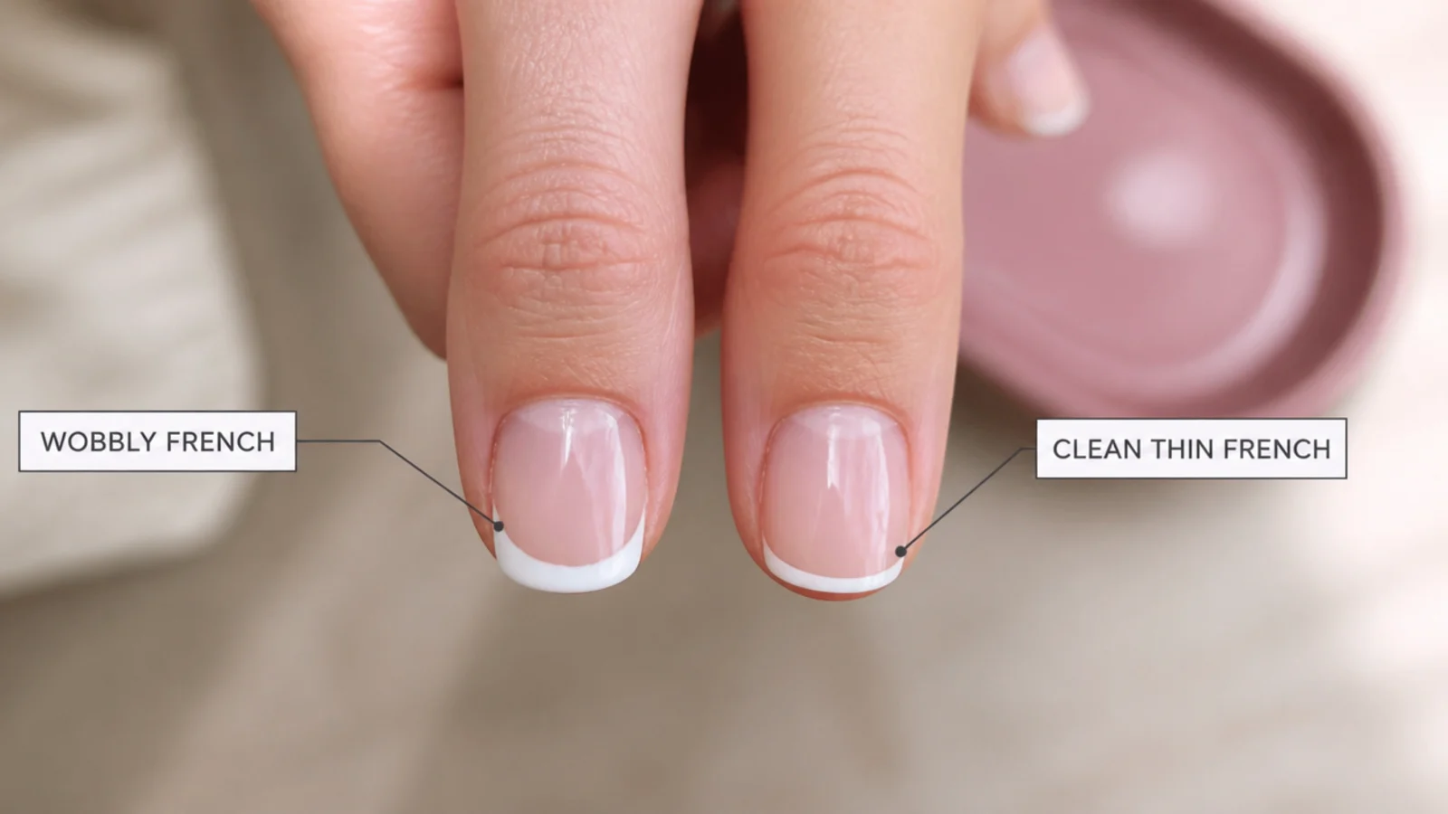 Two short French tip nails compared, one with a wobbly thick line and one with a clean thin line