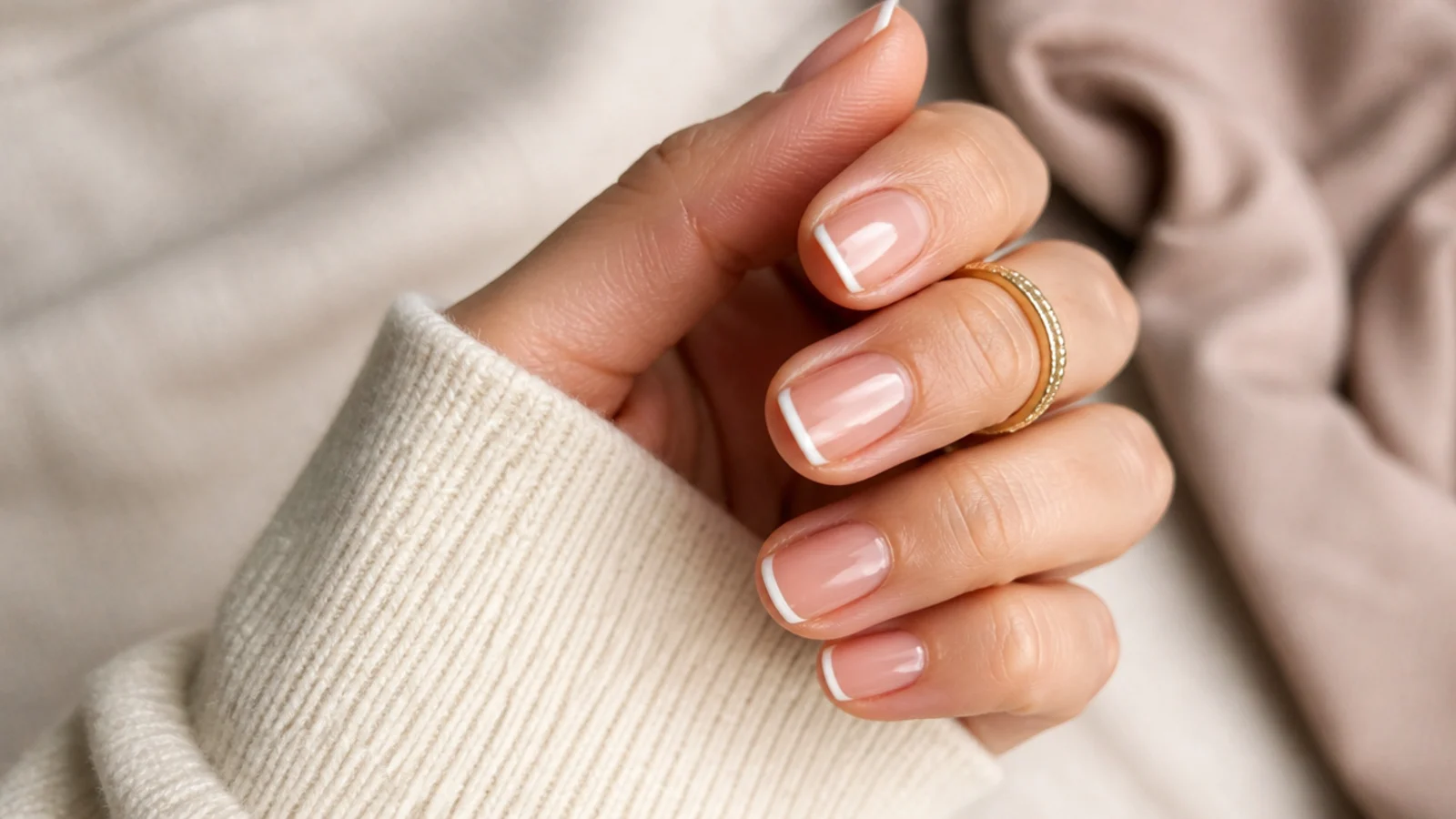 Short natural nails with a hairline white micro French tip and a bare glossy base