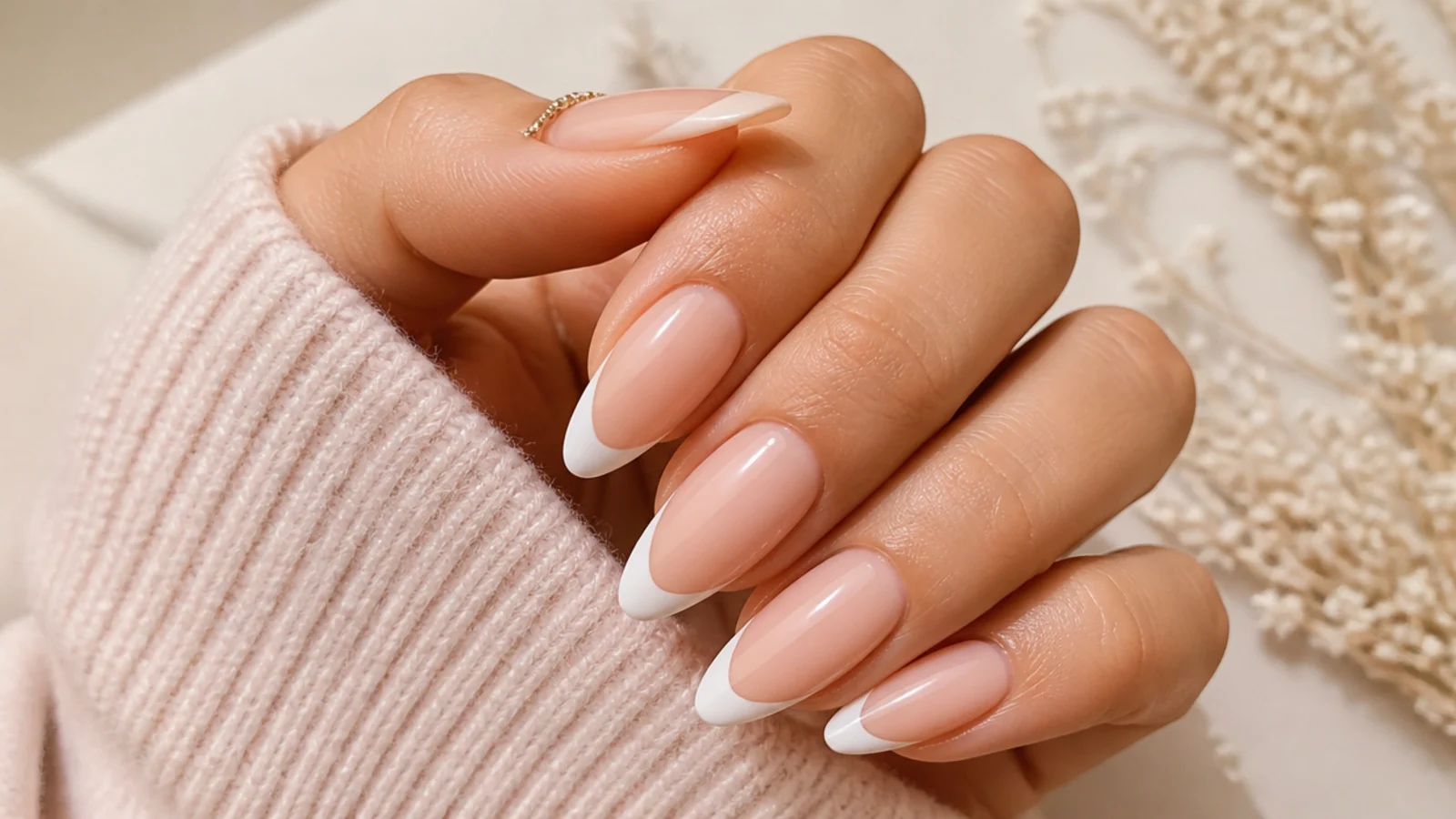 Medium almond nails with soft milky white French tips on a sheer nude base