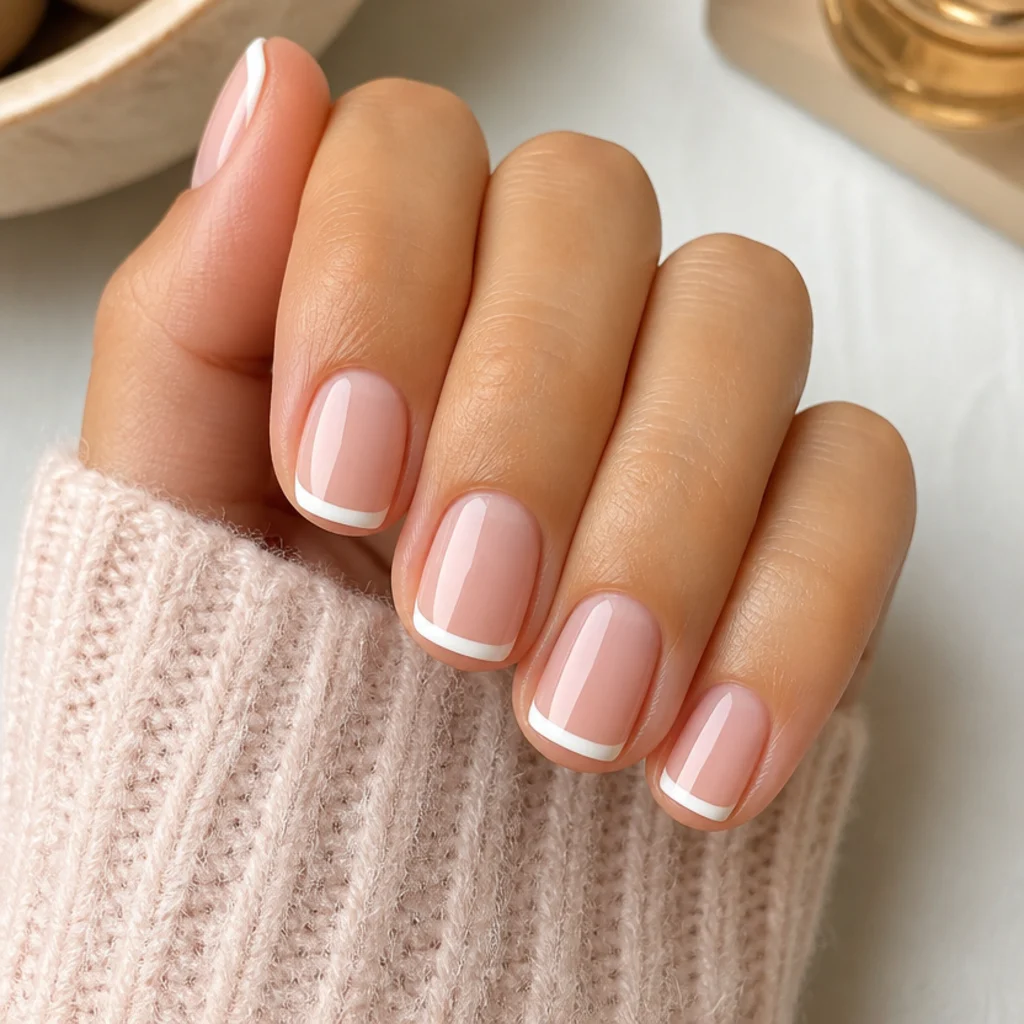 Short square nails with a narrow white French tip and a shallow smile line