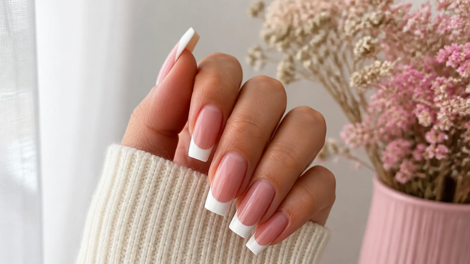 Long coffin nails with a straight white French tip band across a flat squared edge