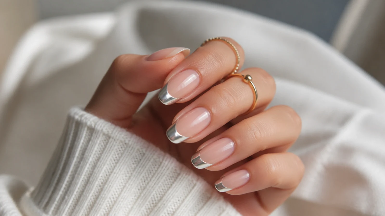 Medium nails with mirror white chrome French tips reflecting light on a sheer base