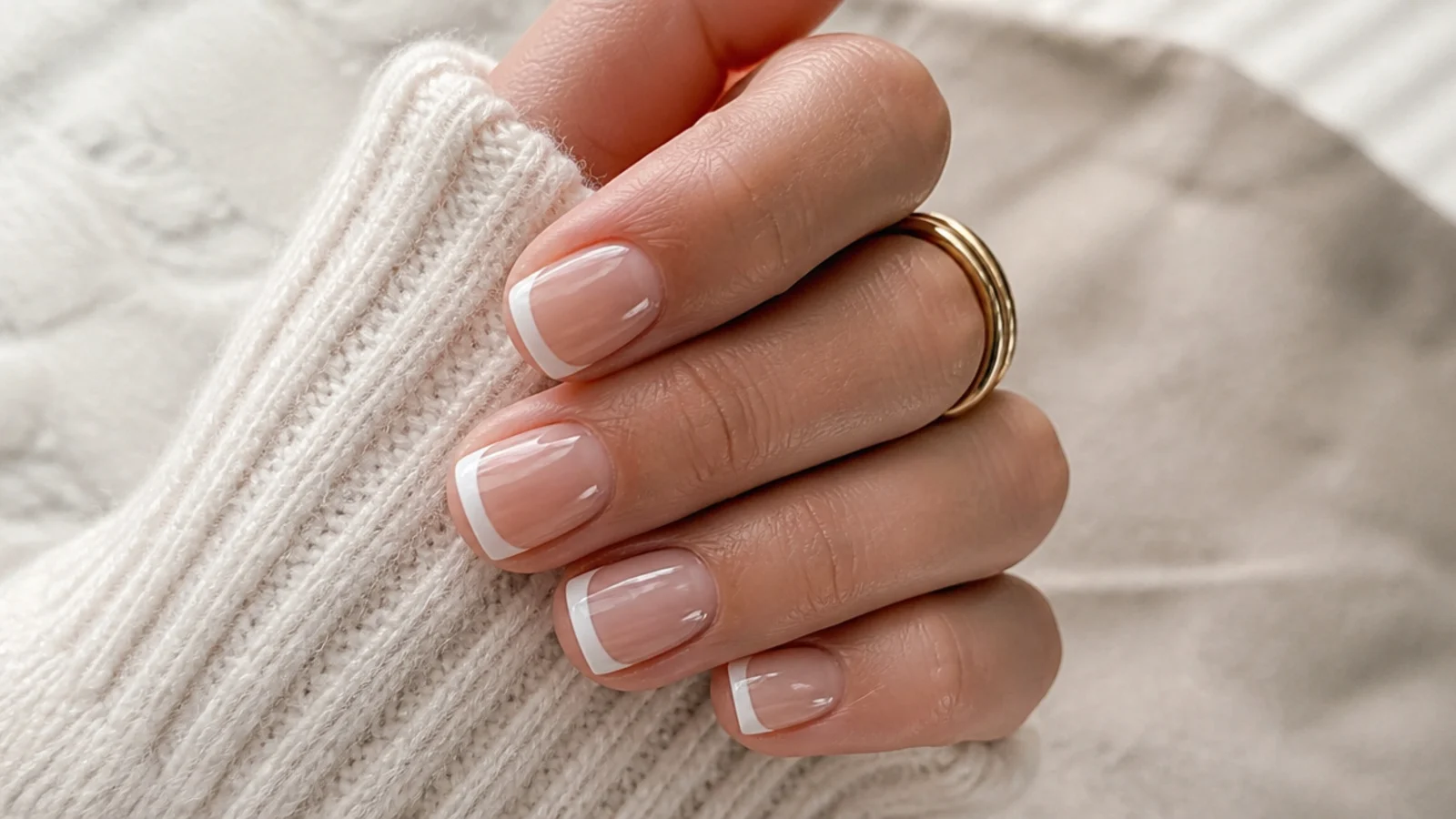 Short square nails with matte white French tips on a glossy sheer base