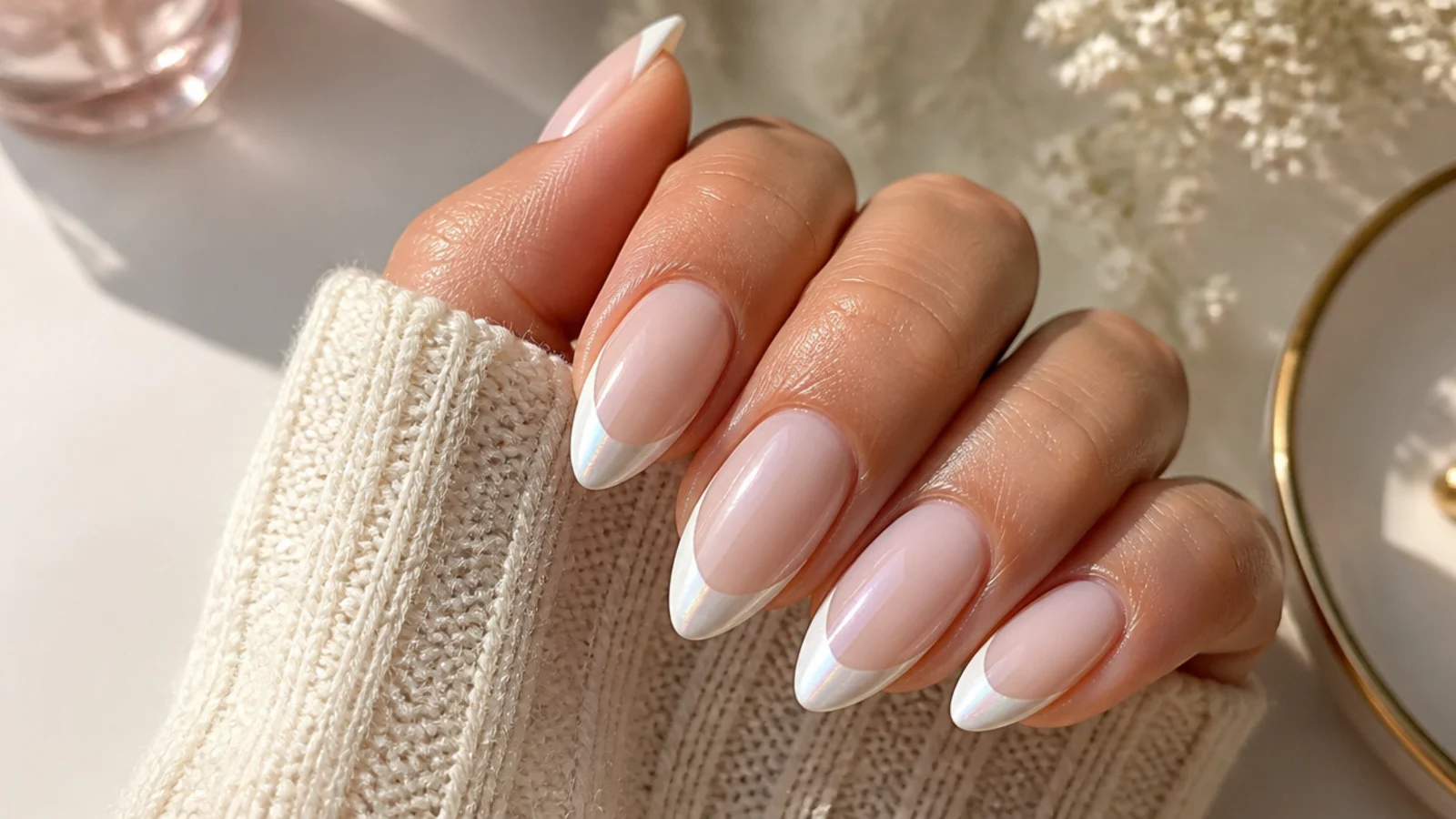 Medium almond nails with iridescent pearl white French tips and a milky base