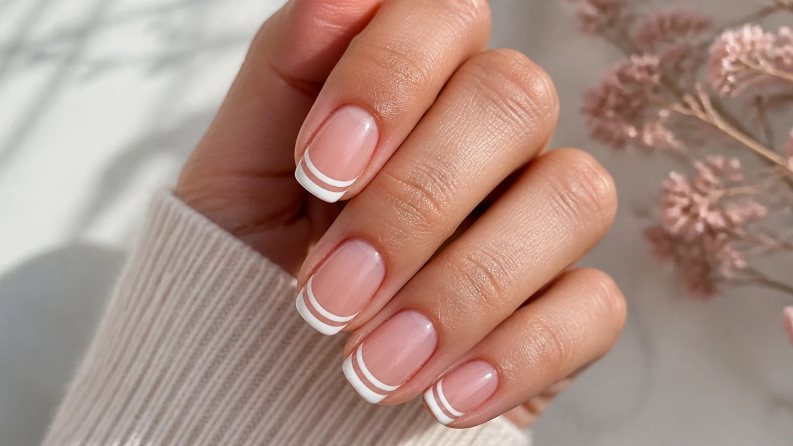 Medium nails with a double white French tip, two curved white lines stacked at the edge