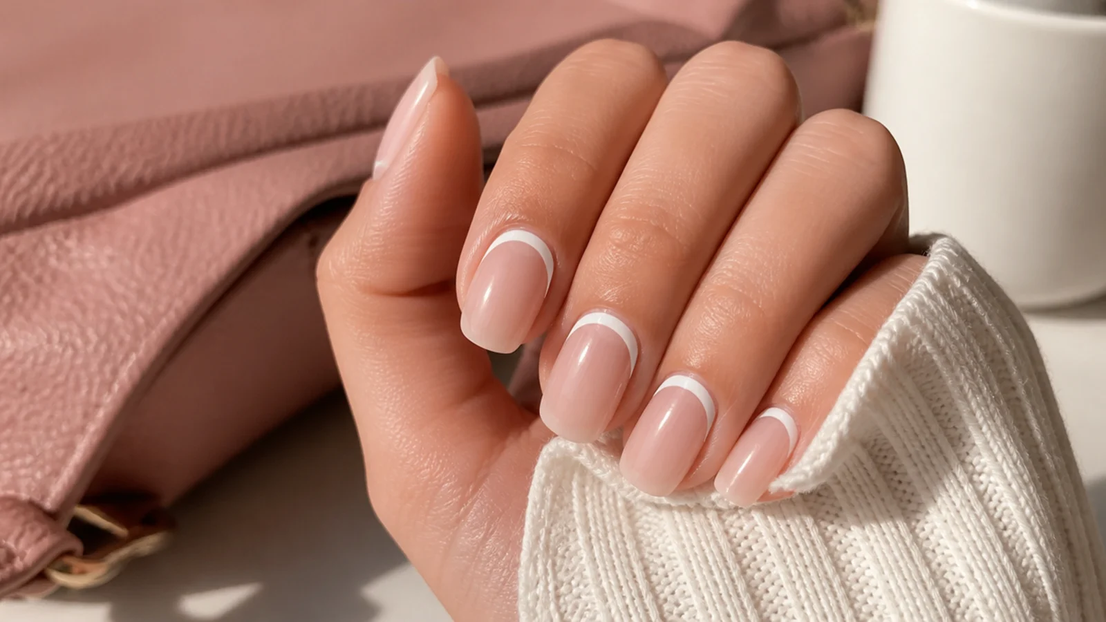 Medium nails with a white curved line at the cuticle instead of the free edge