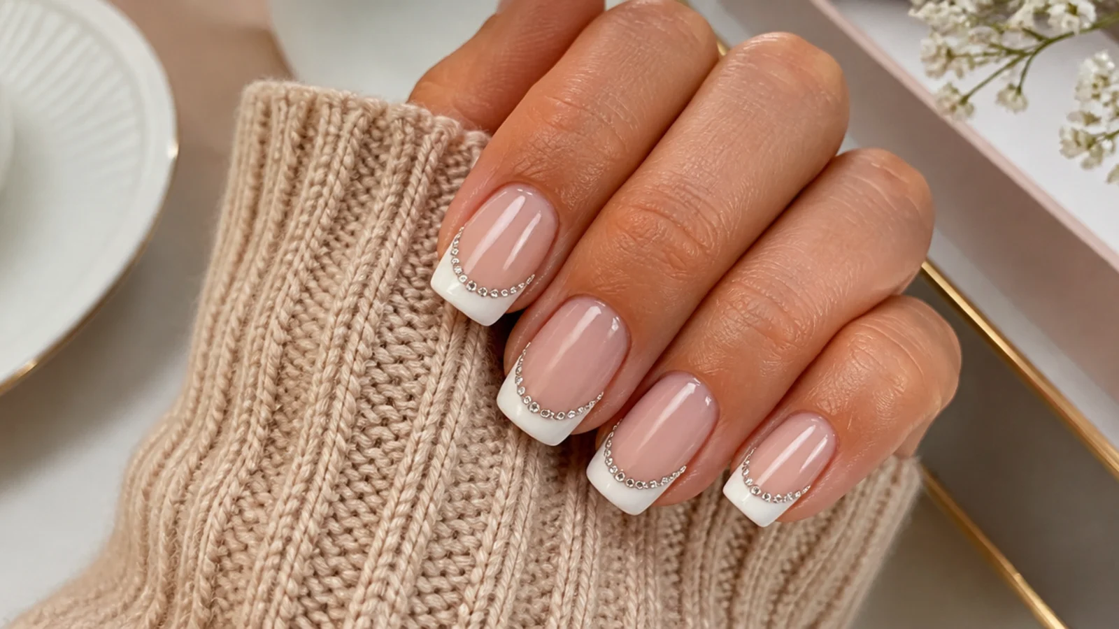 Medium nails with white French tips and small clear rhinestones set along the smile line