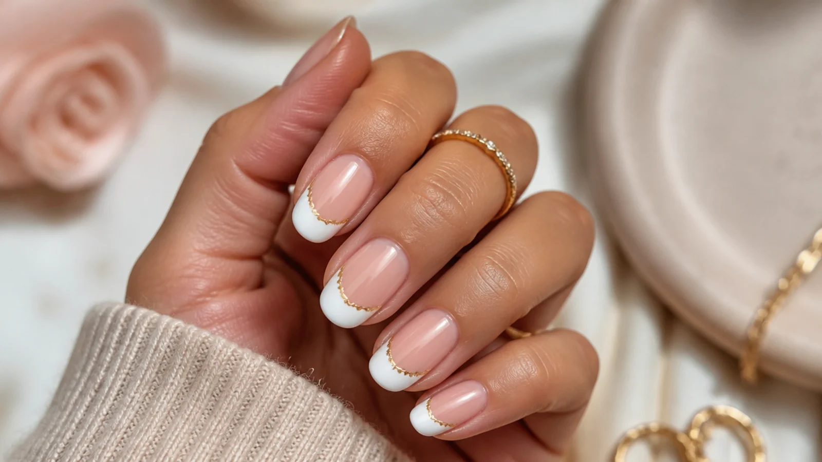 Medium nails with white French tips edged in a thin broken gold foil line