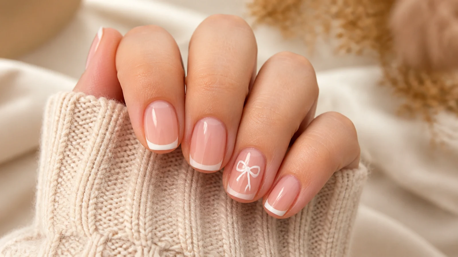 Short nails with white French tips and a tiny hand-painted white bow on one accent nail