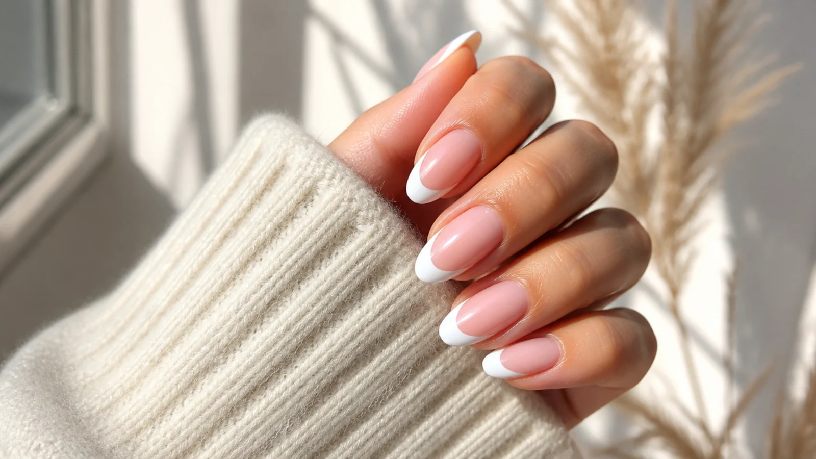Medium almond nails with crisp white French tips on a sheer pink base