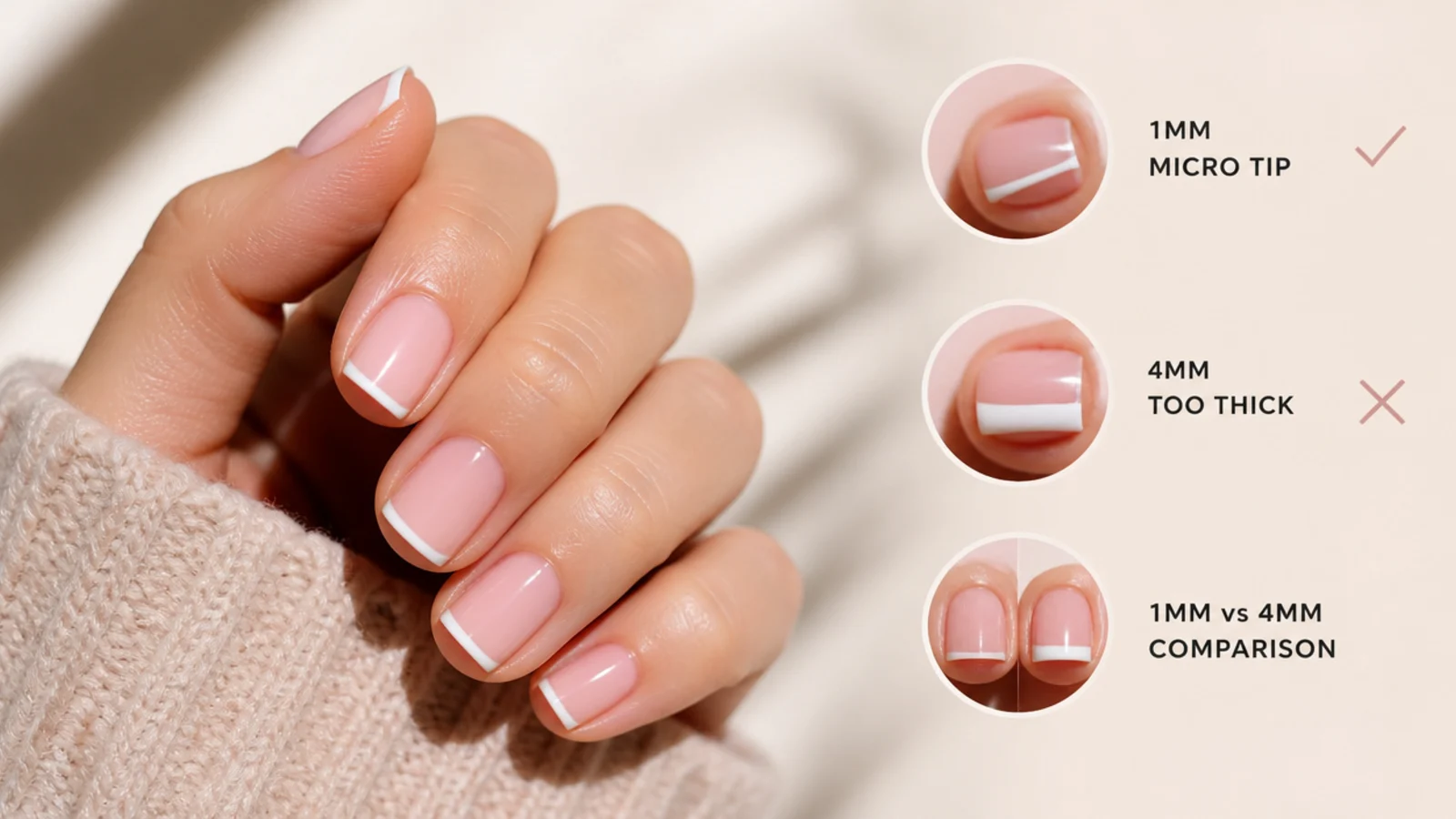 Short square nails compared with a 1mm white micro tip beside a too-thick 4mm white tip