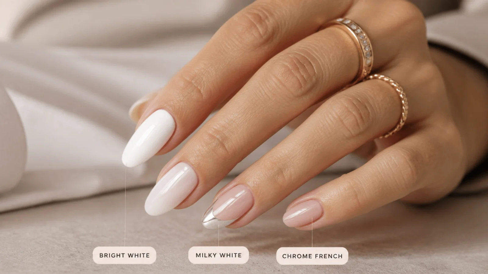 Three nail swatches compared showing bright white, milky white and mirror chrome French tips