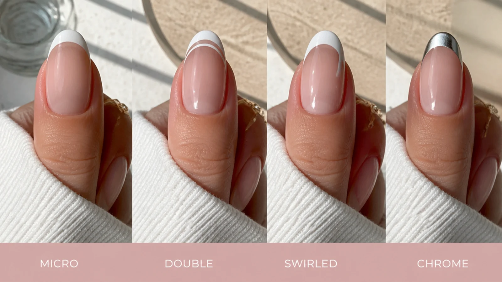 Four white French tip styles compared showing micro, double, swirled and chrome versions