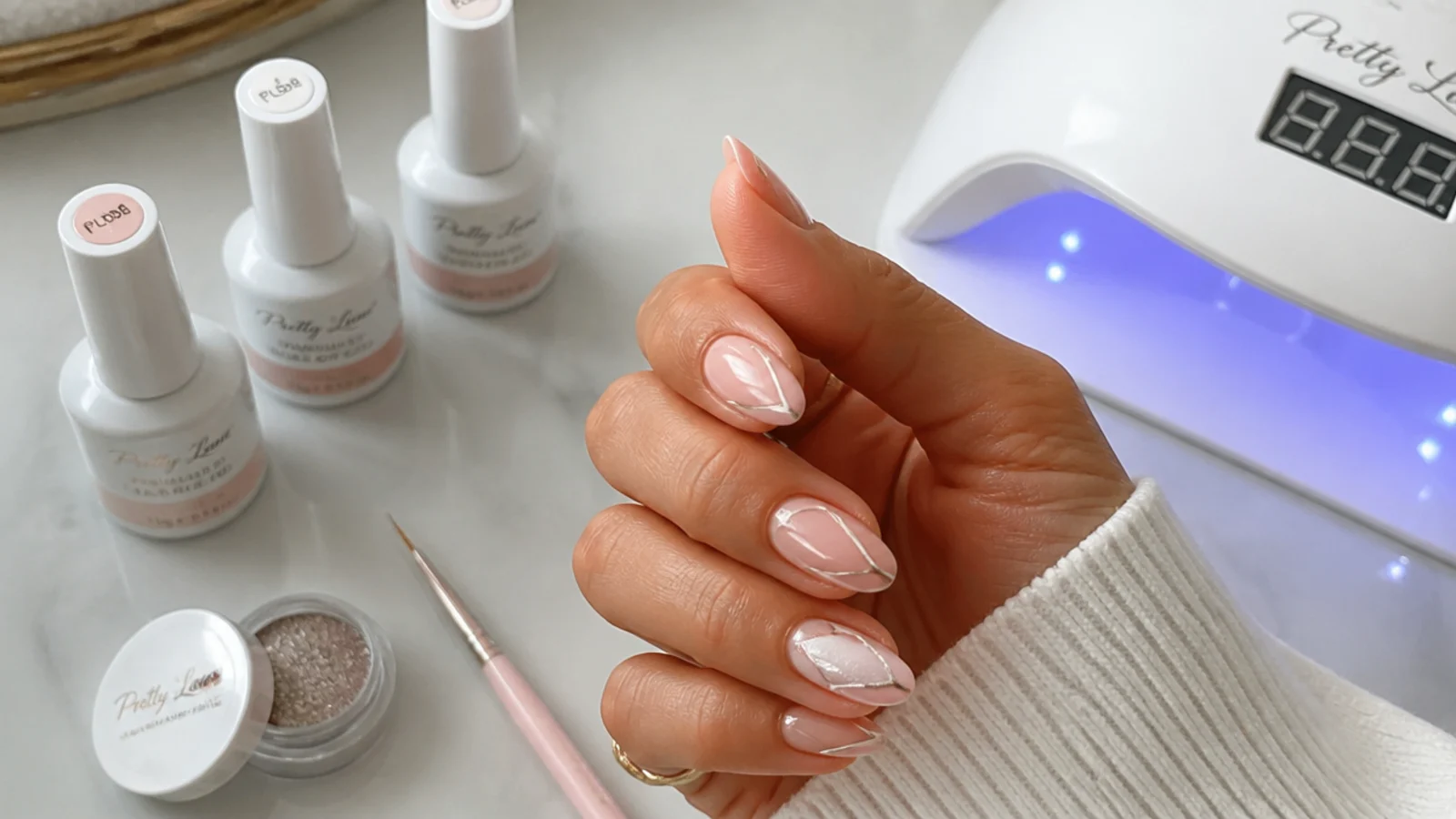 Nail salon station with white gel bottles, a liner brush, chrome powder and a curing lamp