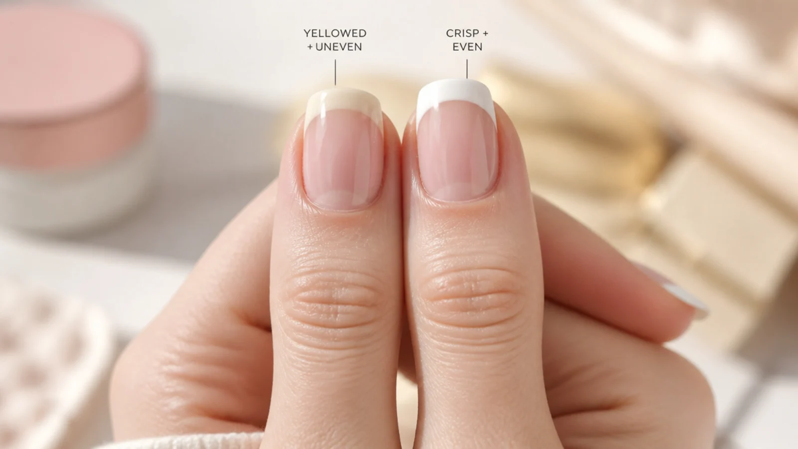 Two white French tips compared, one yellowed with an uneven line beside one crisp and even