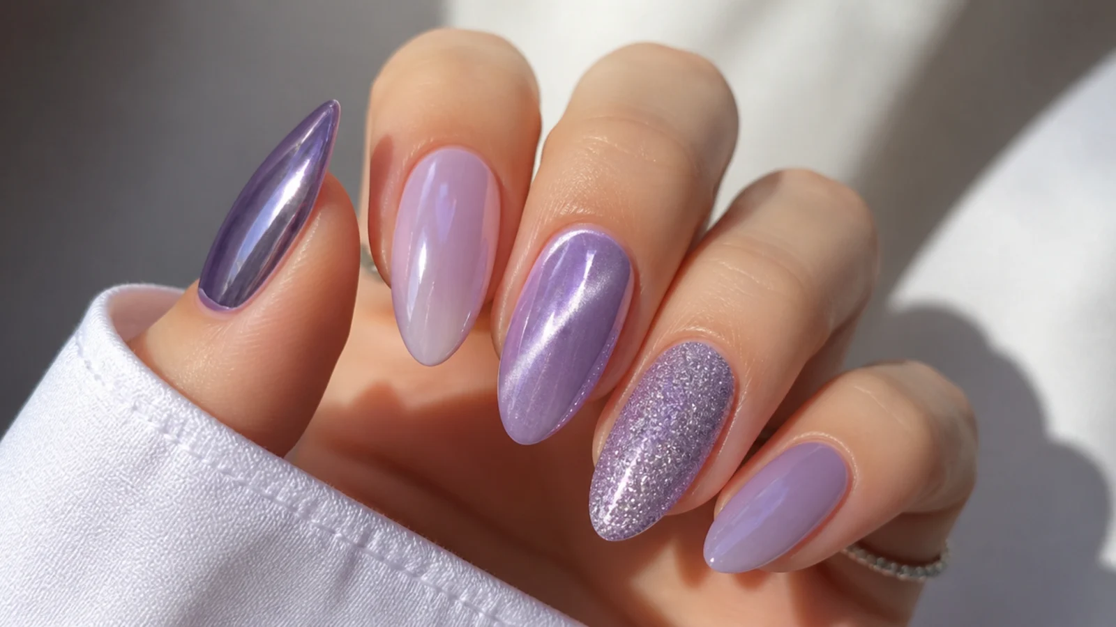 Lavender nails shown in chrome, milky, cat-eye and glitter finishes on almond shapes