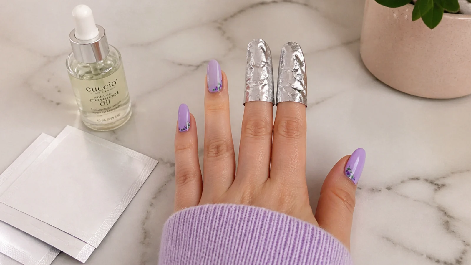 Cuticle oil and acetone foils for maintaining and removing lavender gel nails