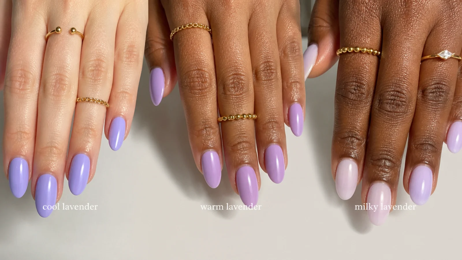 Swatches of cool, warm and milky lavender against three different skin tones