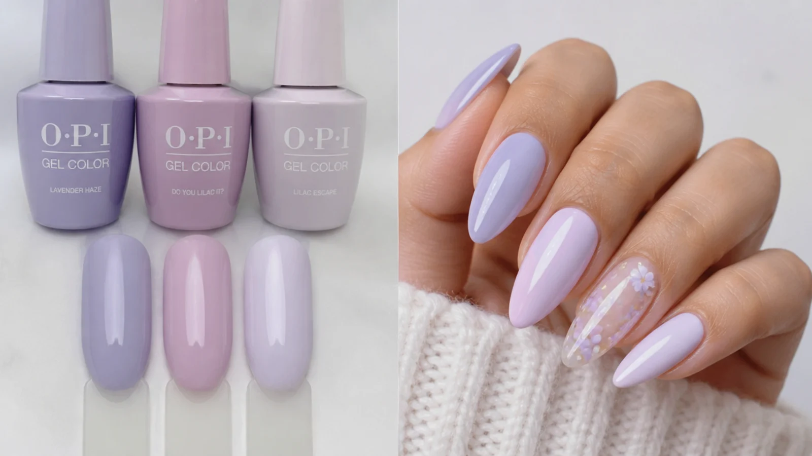 Three lavender gel bottles - cool, warm pink-toned and milky - swatched on nail tips