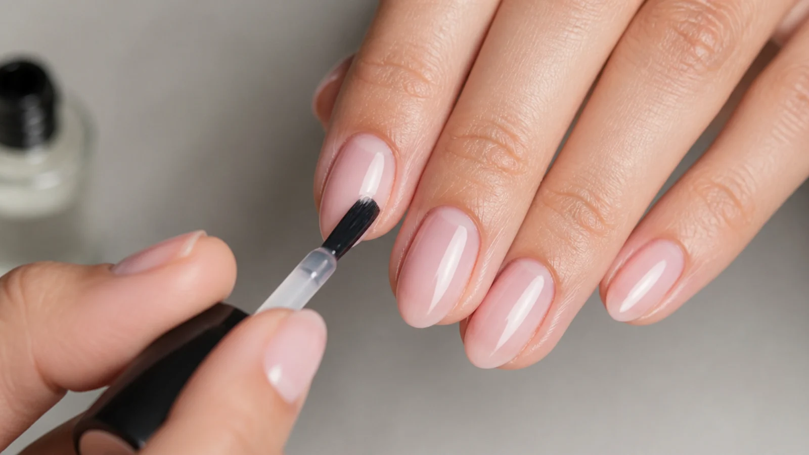 A thin gel base coat being applied to a prepped nail