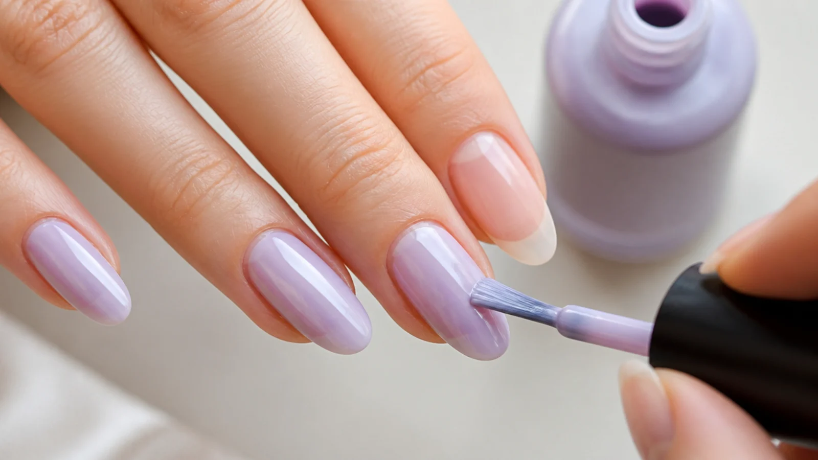 The first thin coat of lavender gel being painted onto a nail