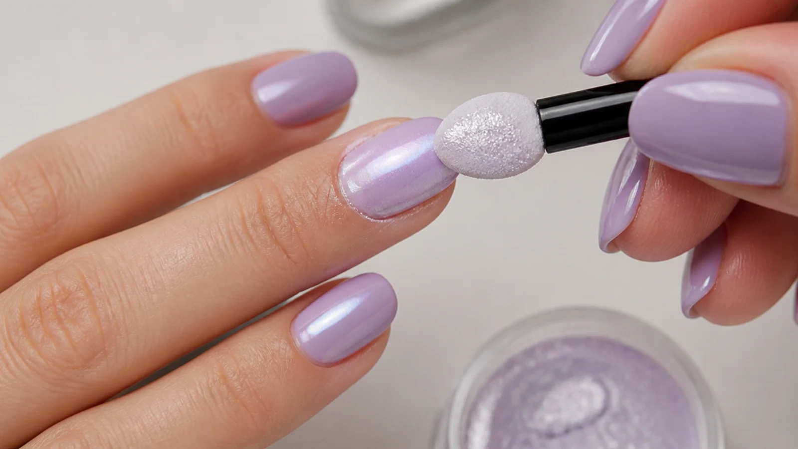 Chrome powder being rubbed over a cured lavender nail for a soft shine