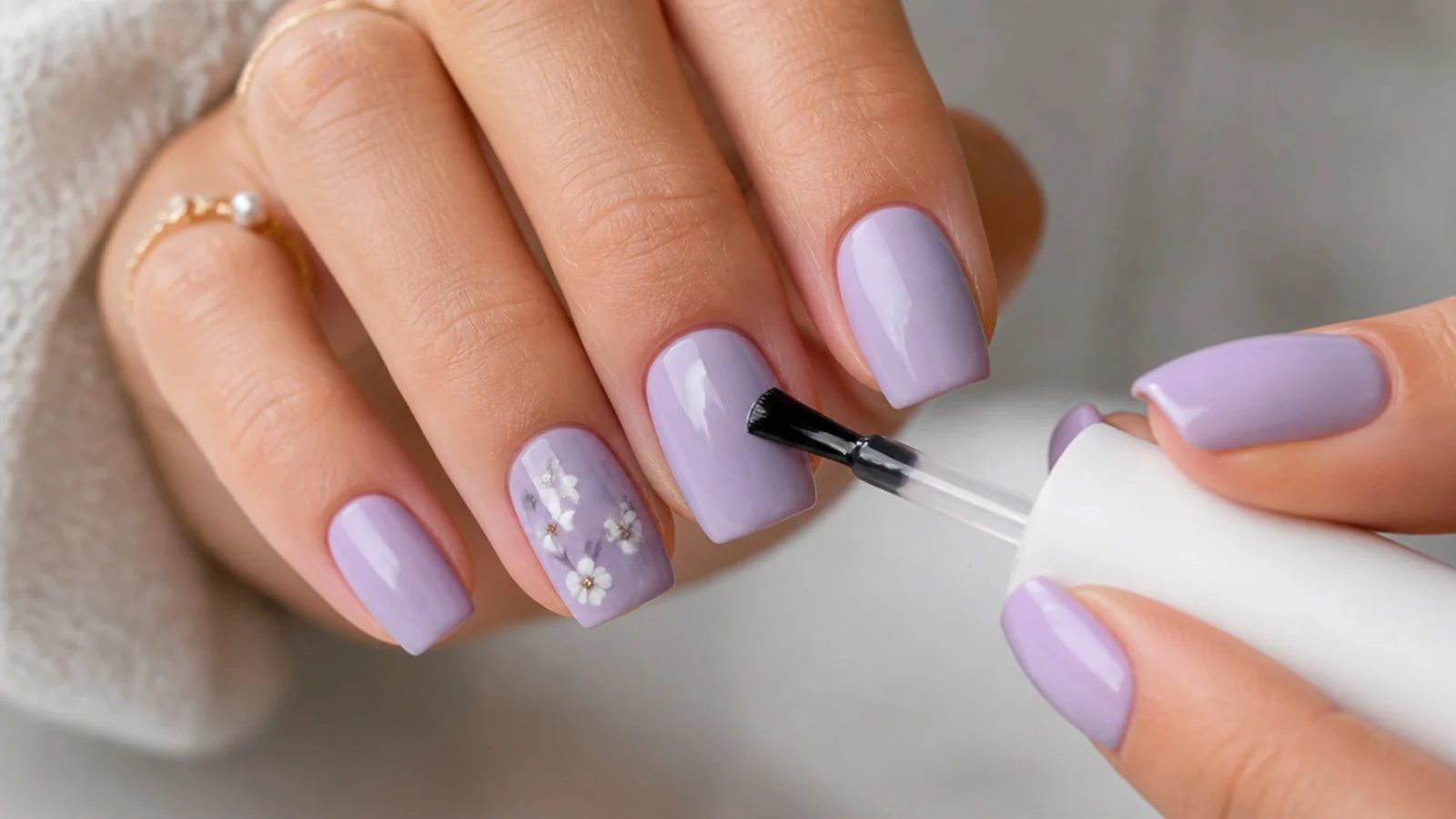 A glossy no-wipe top coat sealing finished lavender nails