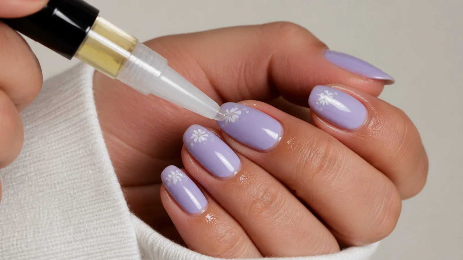 Cuticle oil being massaged around finished lavender nails