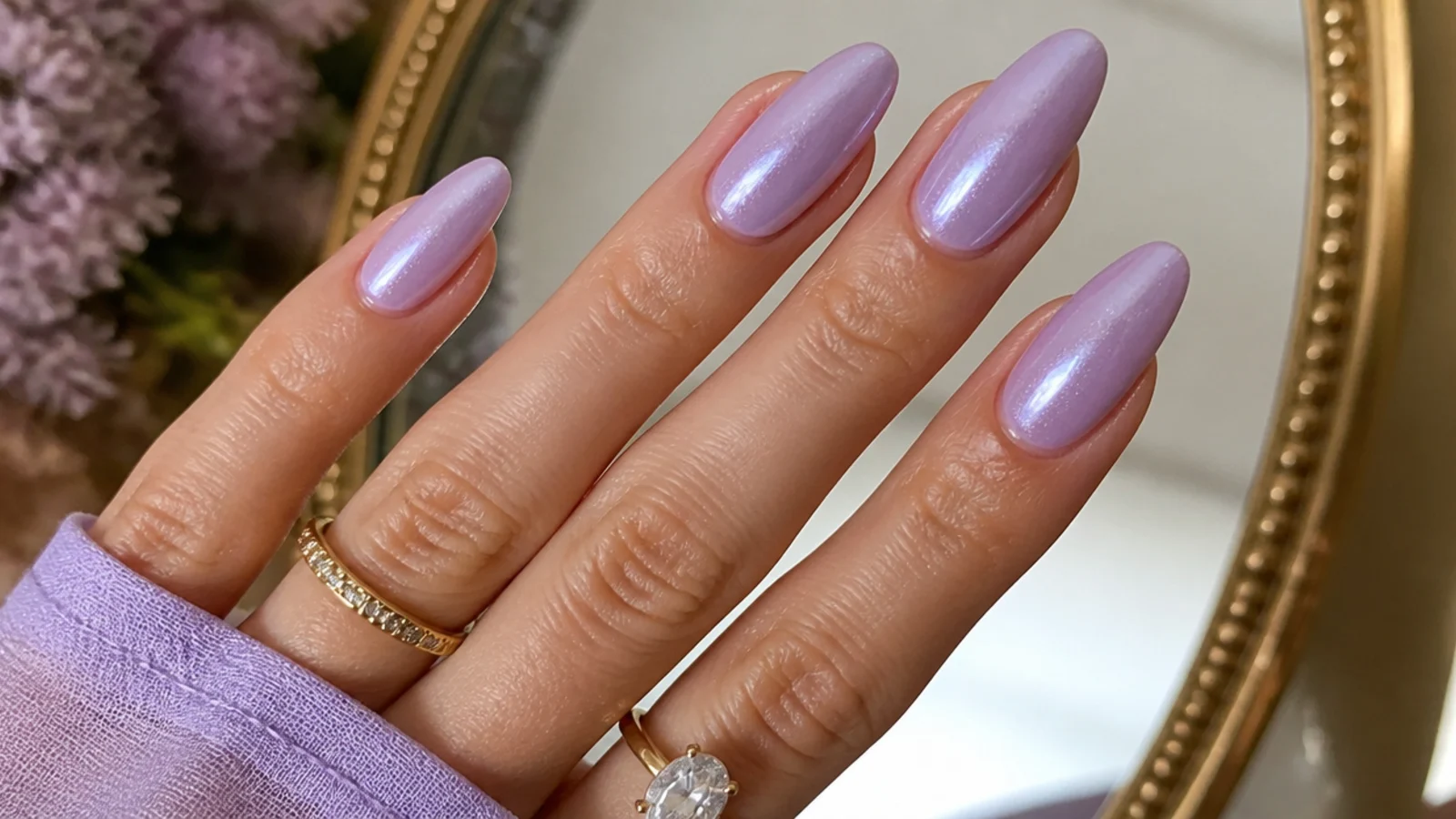 Pearly glazed lavender acrylic nails with an iridescent sheen