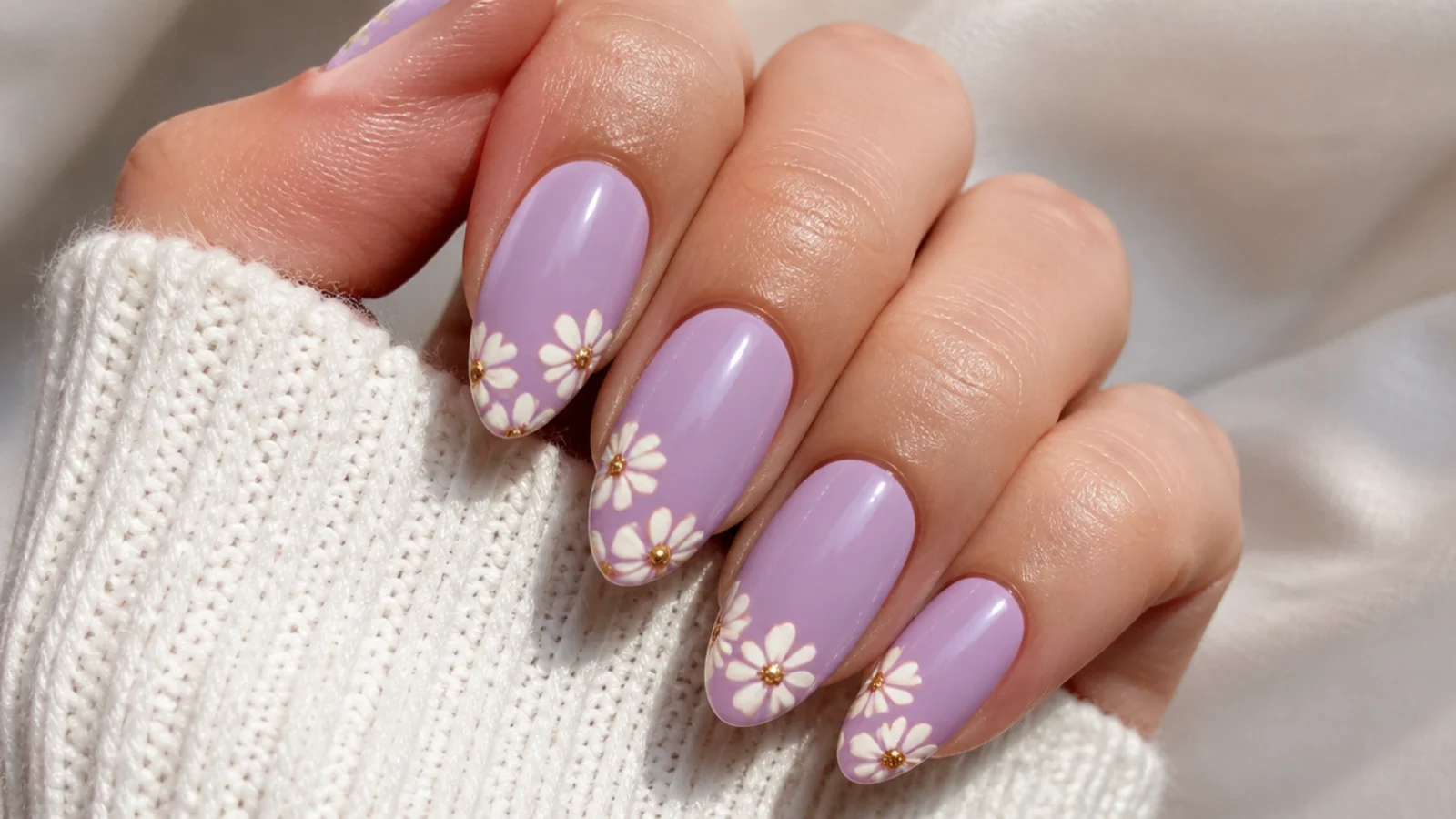 Lavender acrylic nails with tiny white daisy flower accents