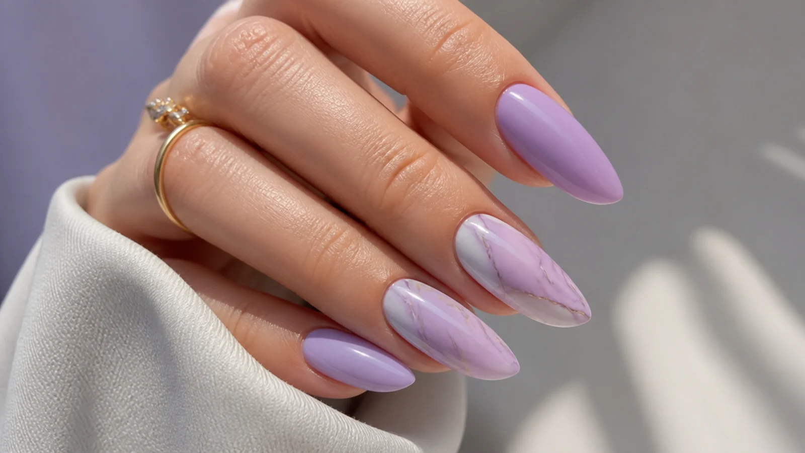 Lavender and white marble acrylic nails with soft veining