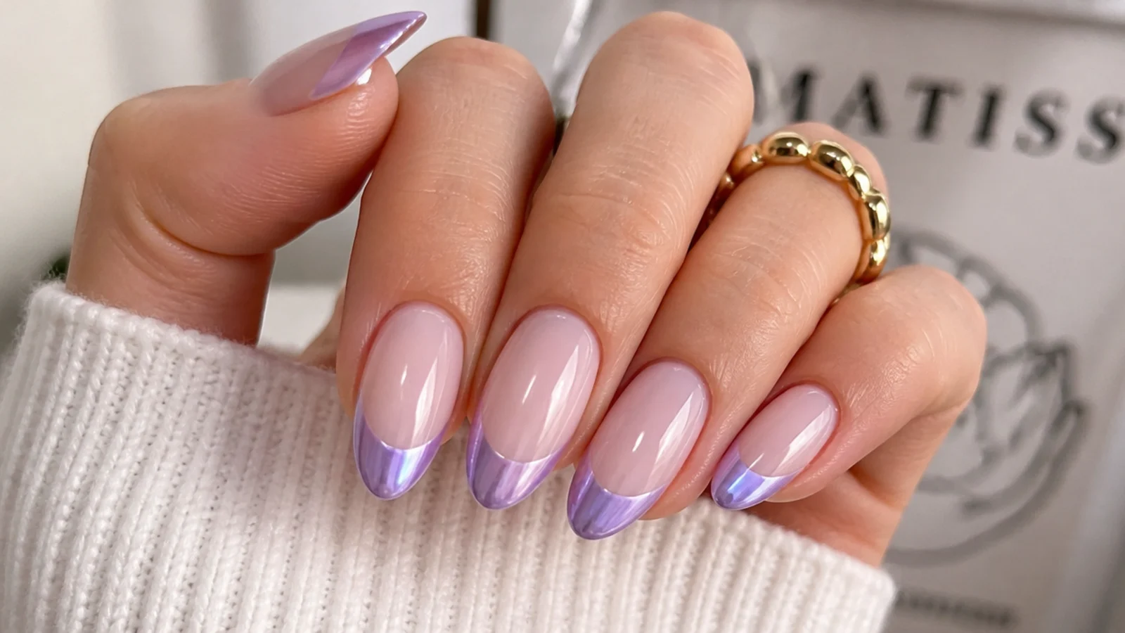 Milky acrylic nails with lavender chrome French tips