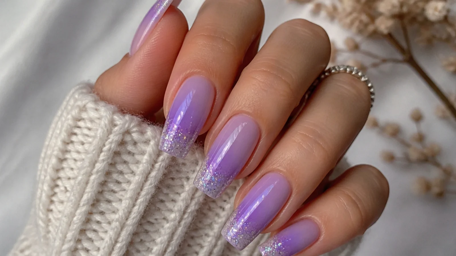 Lavender ombre acrylic nails fading into glitter at the tips