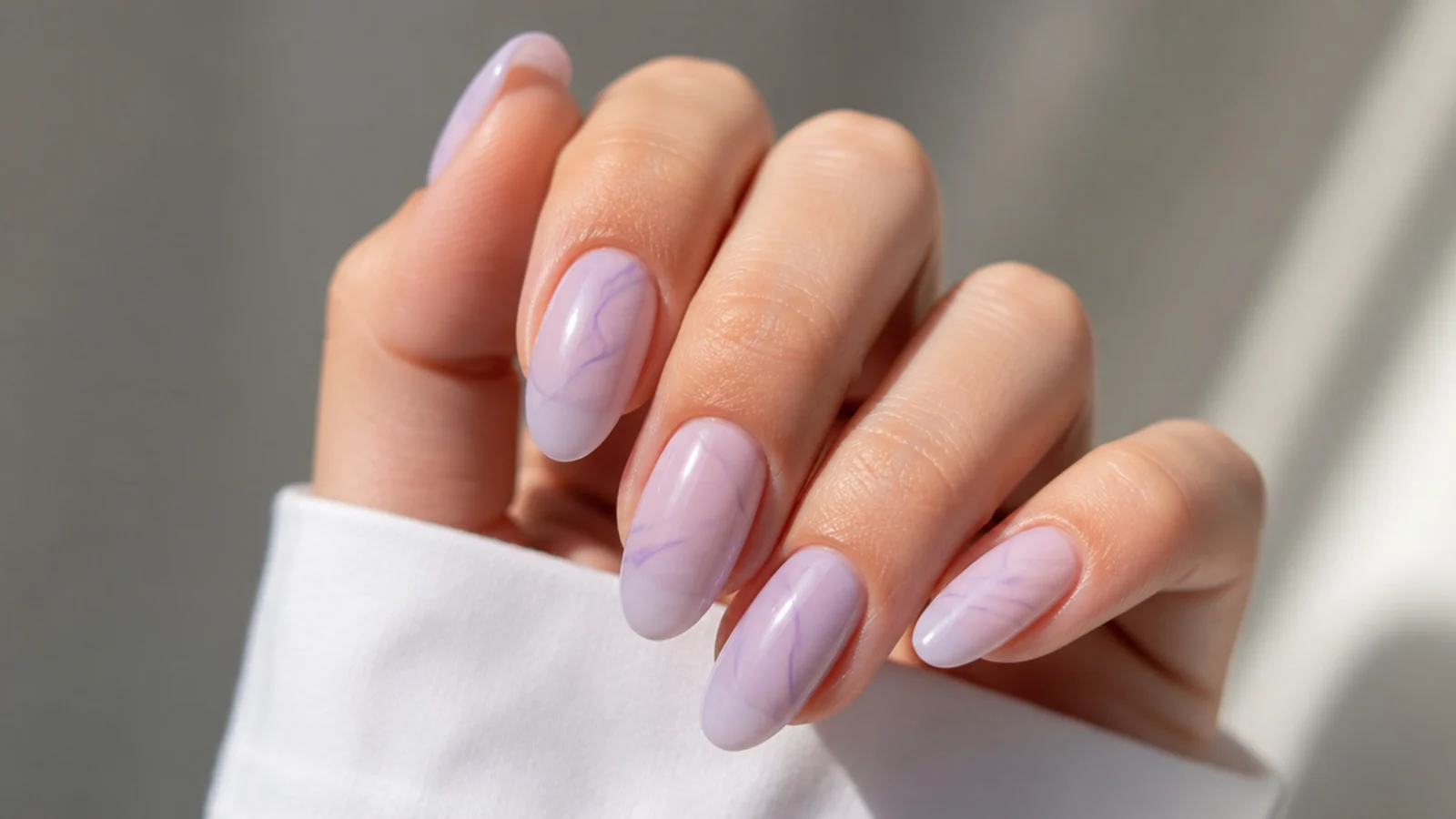 Milky lavender acrylic nails with fine abstract line art