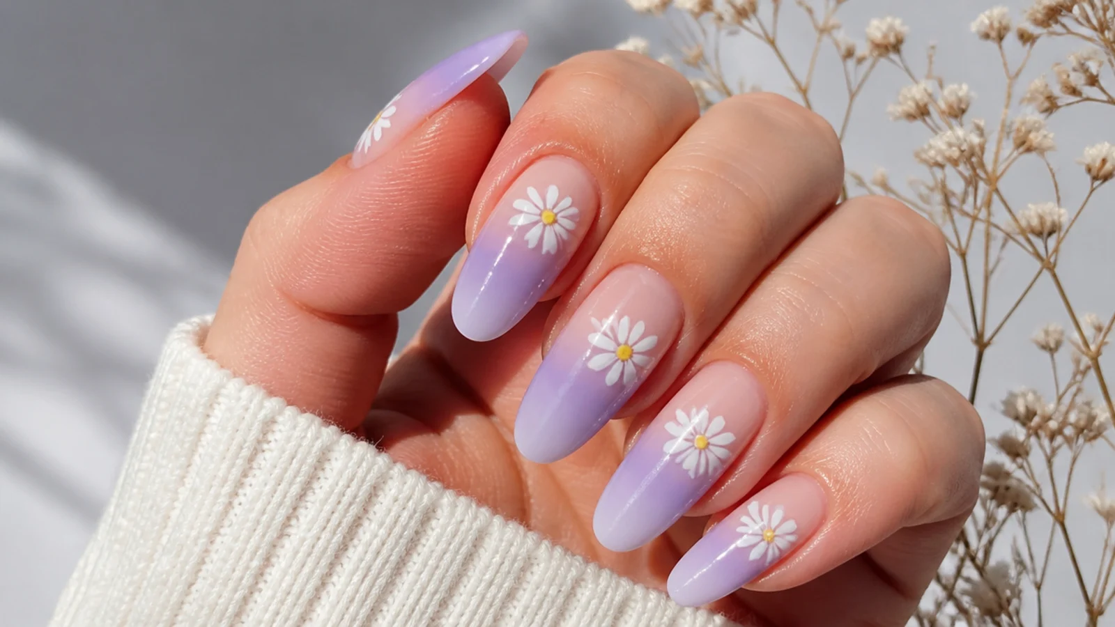 Lavender ombre acrylic nails with white daisy accents for spring