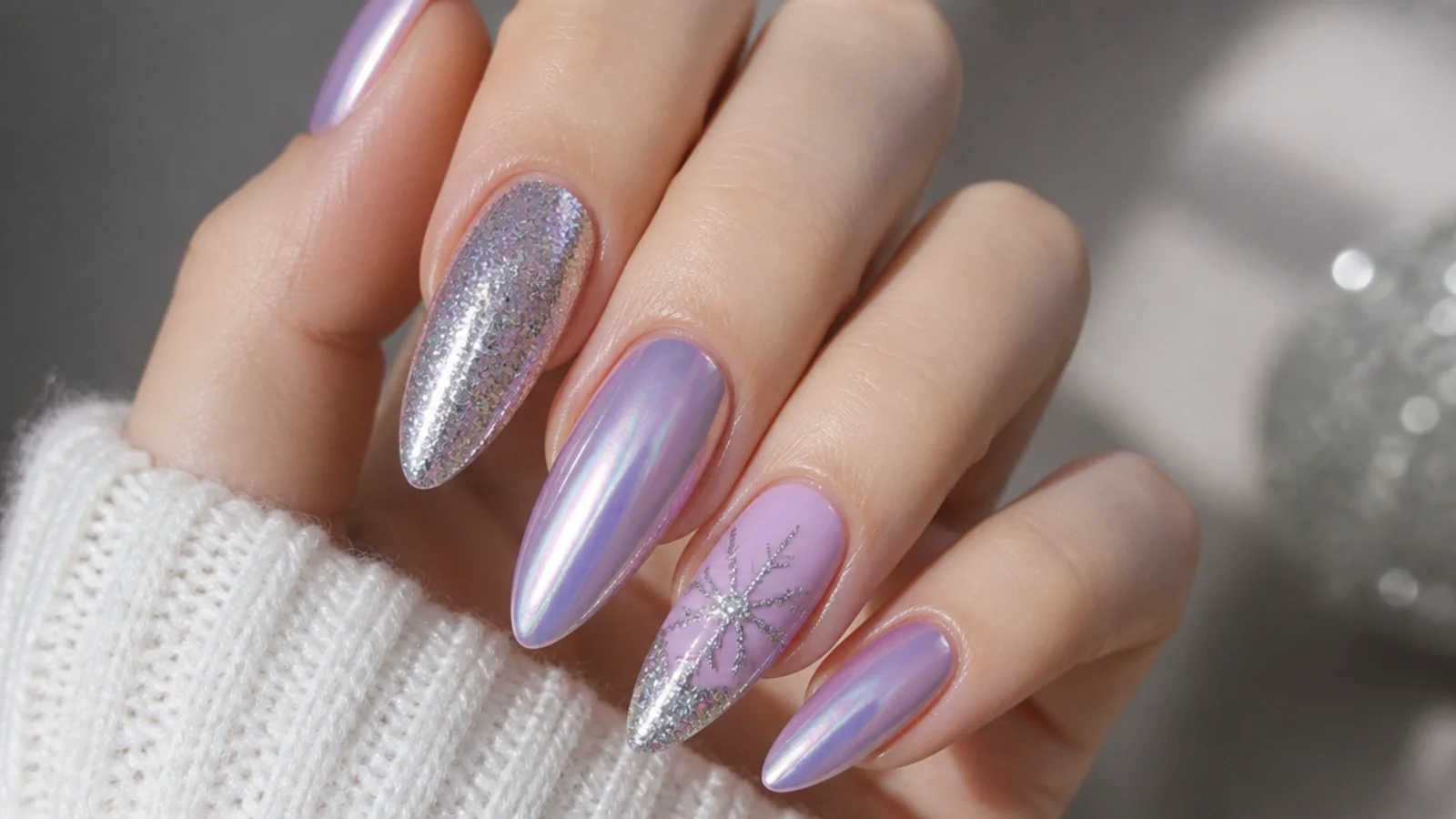 Lavender chrome and silver glitter acrylic nails for the holidays