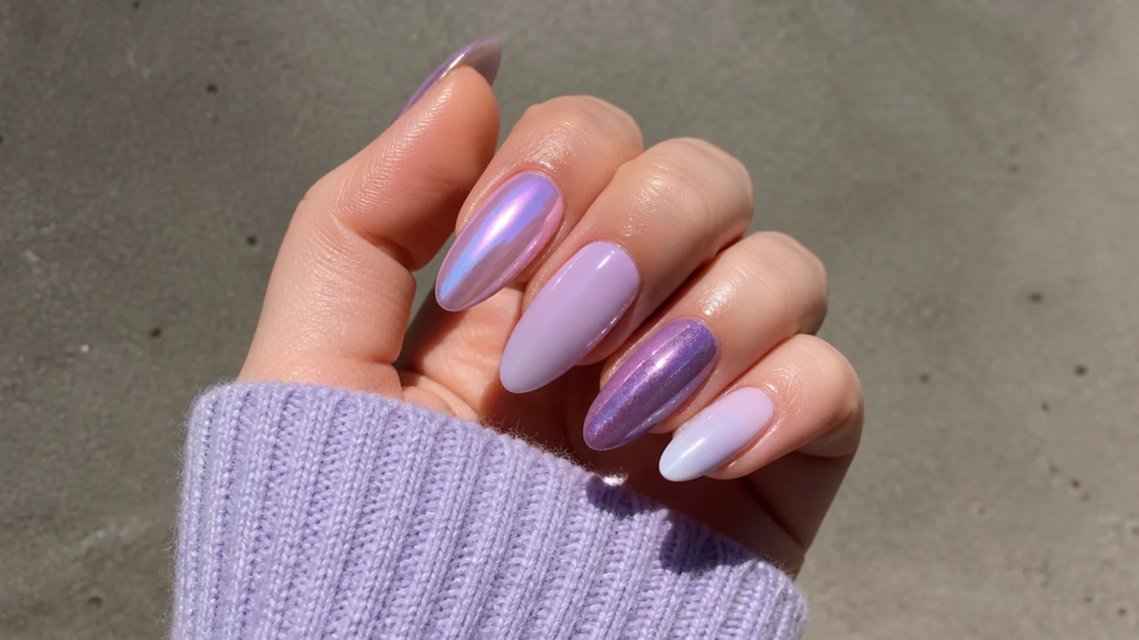Lavender acrylic nails shown in chrome, milky, cat-eye and ombre finishes