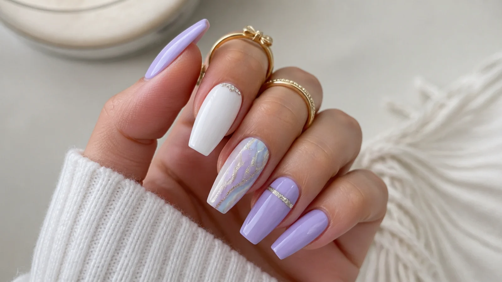 Lavender acrylic nails paired with white, silver, gold and baby blue accents