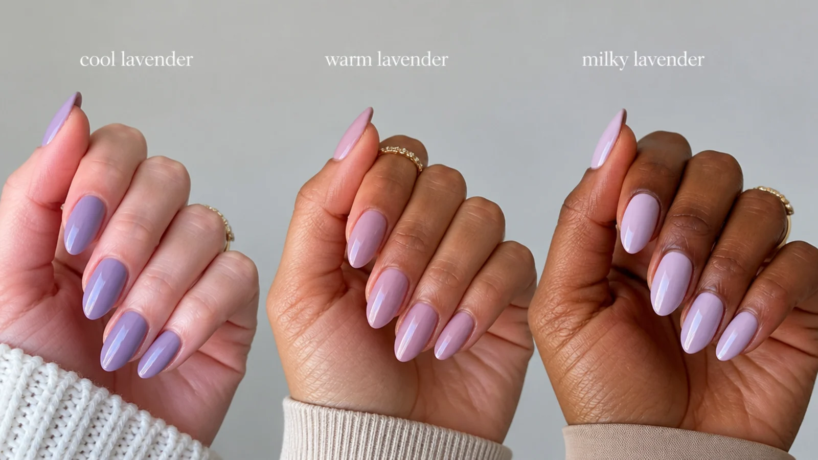 Cool, warm and milky lavender acrylic nail swatches on different skin tones