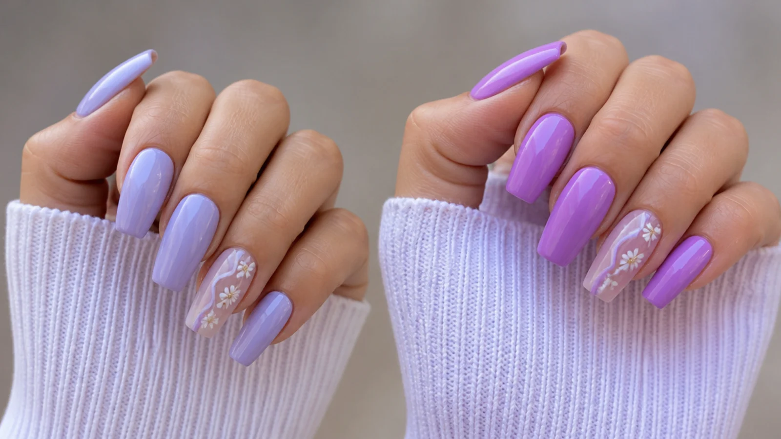 Lavender acrylic nails beside a brighter light purple for comparison